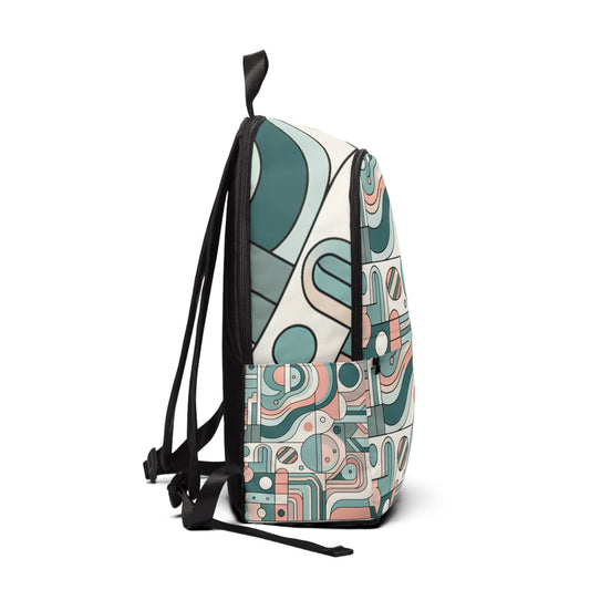 Interior view of the Elegant Pastel Geometric Backpack by Dazzling Dreams Studio showcasing spacious compartments and padded shoulder straps for comfort and easy organisation.