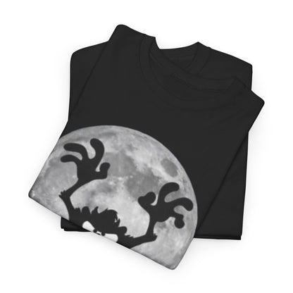 Luxury cotton tee featuring a captivating Taz silhouette in front of a stunning full moon, perfect for cartoon enthusiasts and stylish wardrobes.