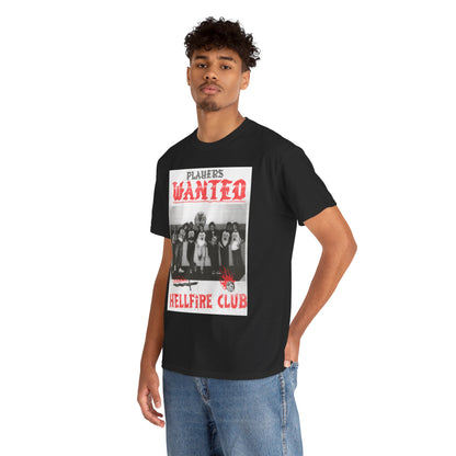 Trendy black T-shirt displayed on a model, featuring the iconic 'Players Wanted' design from the Hellfire Club, epitomising contemporary fan fashion.
