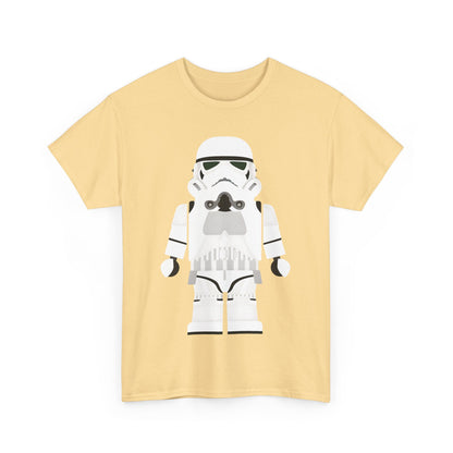 Front view of the Galactic Icons LEGO Stormtrooper Unisex T-Shirt featuring a whimsical LEGO Stormtrooper graphic.