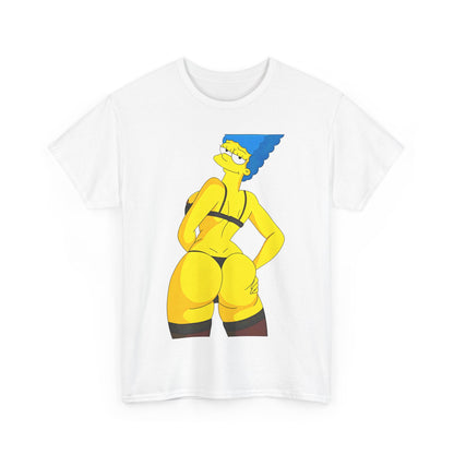 Front view of the Marge Simpson Curvaceous Charm Graphic Unisex Graphic Tee Shirt, showcasing a vibrant design with Marge in a playful pose.