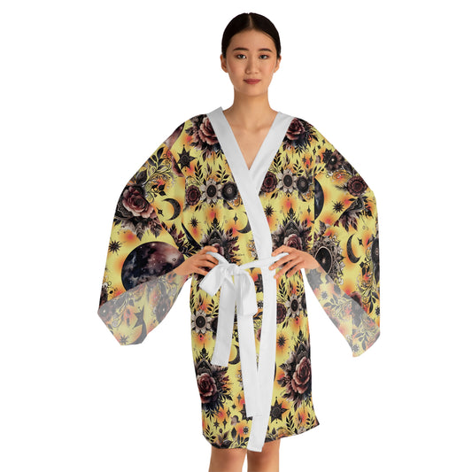 Chic floral kimono robe designed for women, featuring a captivating floral pattern and a stylish tie belt. Perfect for comfortable lounging and bohemian elegance.
