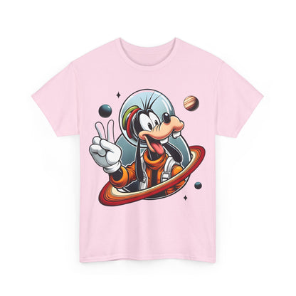 Front view showcasing the vibrant 'Blast Off with Goofy Astronaut Graphic Unisex Graphic Tee Shirt', featuring an animated Goofy in a spacesuit amidst celestial elements.