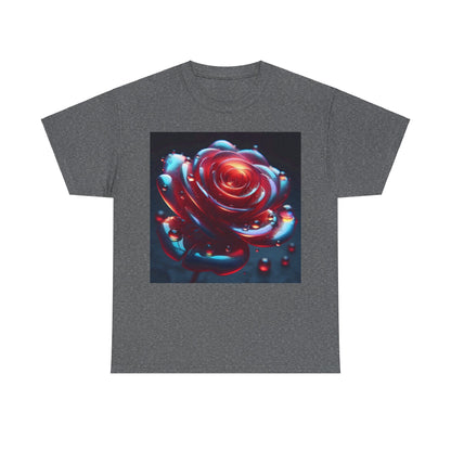 Ethereal Rose Unisex Graphic T-Shirt - Soft Cotton Tee with Iridescent Floral Design displaying an exquisite rose graphic complemented by shimmering droplets on a dark grey tee.