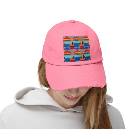 Front view of a Unisex Distressed Cap featuring a fantasy paddleboarding scene, worn by a model. The cap, in a stylish pink colour, is ideal for both men and women who embrace their adventurous spirit.