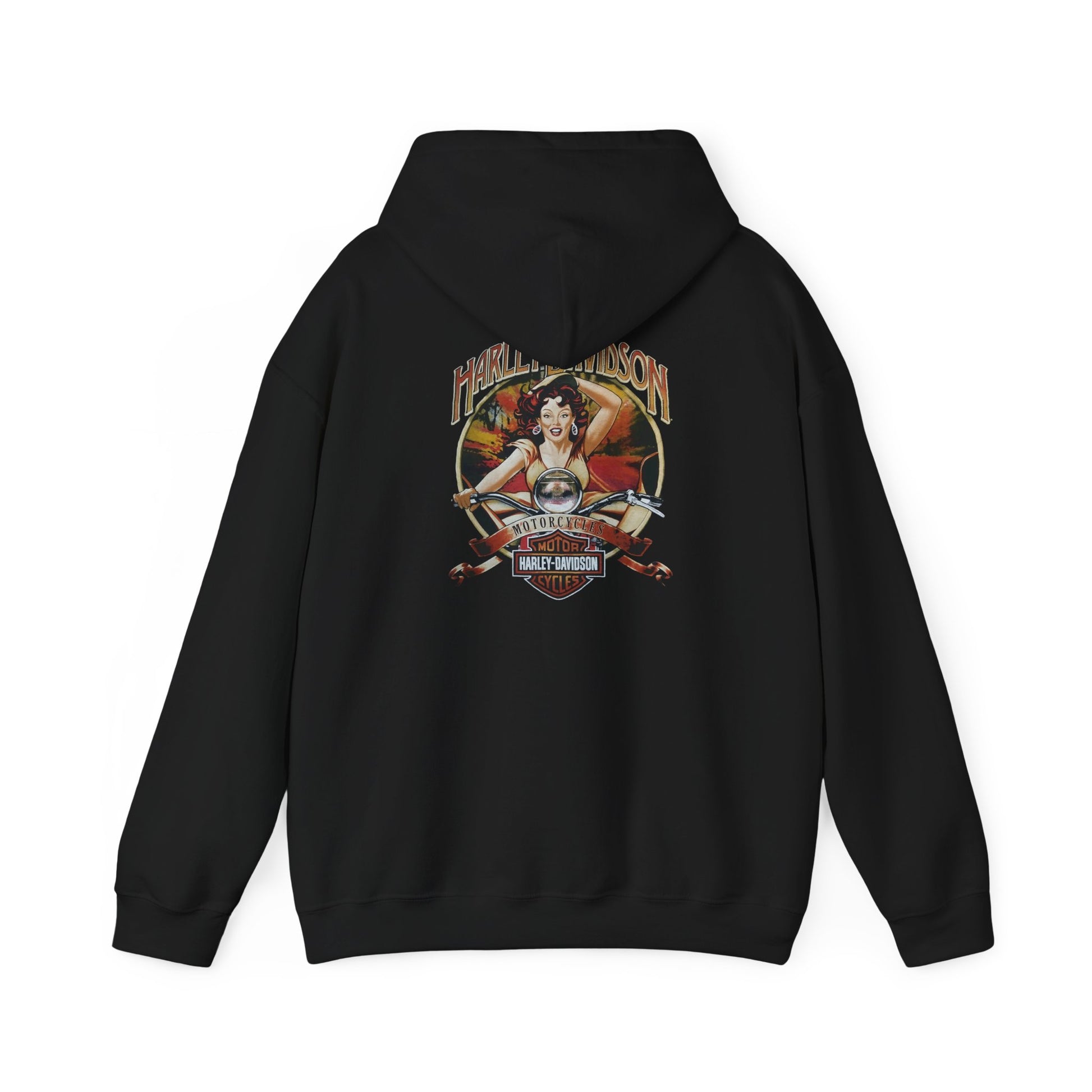 Back view of a luxurious Harley-Davidson hoodie featuring a vintage pin-up design, showcasing a spirited lady on a classic motorcycle, perfect for fashion-forward motorcycle enthusiasts.