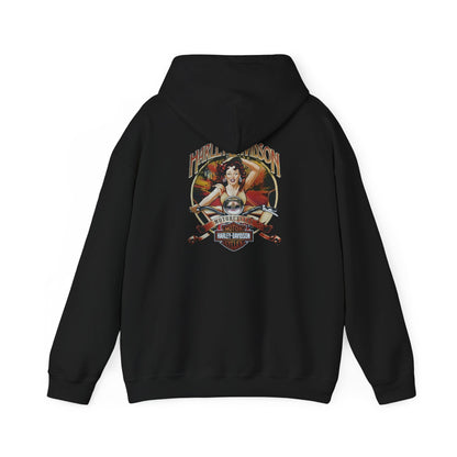 Back view of a luxurious Harley-Davidson hoodie featuring a vintage pin-up design, showcasing a spirited lady on a classic motorcycle, perfect for fashion-forward motorcycle enthusiasts.