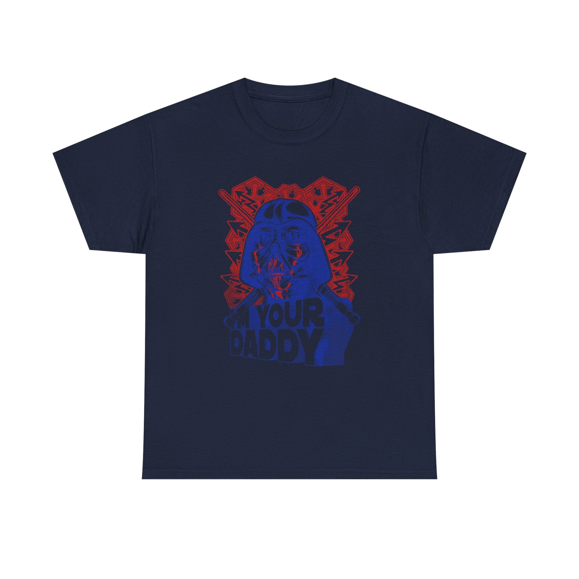 Sophisticated navy t-shirt displaying a bold comic-inspired Darth Vader image and the playful text 'I'M YOUR DADDY', enhanced by a vivid red backdrop.