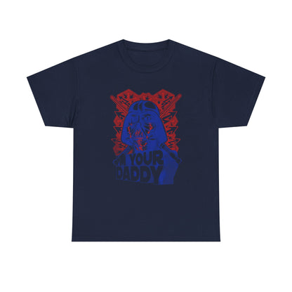 Elegant navy blue t-shirt featuring a bold comic-style graphic design of a helmeted character with the quirky text 'I'M YOUR DADDY', set against a vibrant red background, perfect for a stylish casual look.