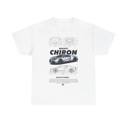 Stylish men's t-shirt featuring a detailed graphic of the luxurious Bugatti Chiron, showcasing the car's elegant design and technical drawings on a crisp white background.