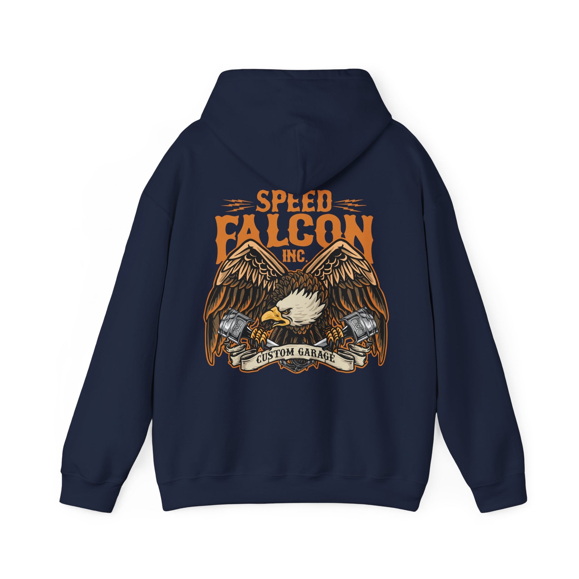 Sophisticated navy hoodie adorned with a fierce eagle graphic and 'Speed Falcon Inc.' logos, perfect for automotive enthusiasts.