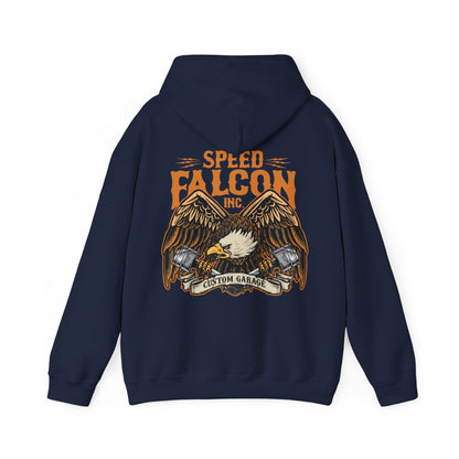 Sophisticated navy hoodie adorned with a fierce eagle graphic and 'Speed Falcon Inc.' logos, perfect for automotive enthusiasts.