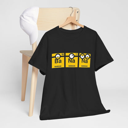 A casual Men's Funny T-Shirt featuring a Minions Periodic Table Design with Ba, Na, Na elements. Perfect for fans of both science and humour, this tee adds a fun twist to any casual outfit.