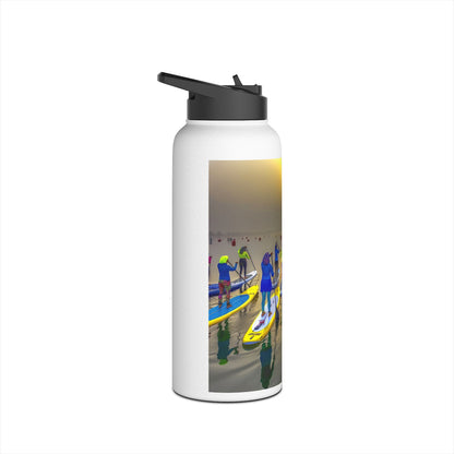Artistic view of Fantasy Paddleboarding Stainless Steel Water Bottle, featuring vibrant paddleboarders reflecting in tranquil waters, a perfect blend of style and function.