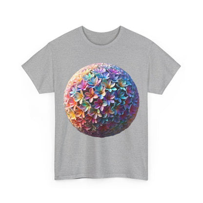 Iridescent Floral Sphere Unisex Cotton Tee Graphic T Shirt in grey, adorned with a stunning floral sphere graphic that adds a luxury touch to casual wear.