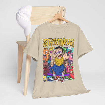 Chic beige streetwear t-shirt showcased on a wooden chair with a white cap, highlighting its eye-catching cartoon design and bold urban graphics.