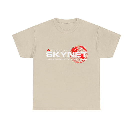 Skynet Cyberdyne Systems Terminator Graphic Unisex Tee Shirt in a sophisticated beige shade with the iconic red Skynet logo, ideal for a stylish yet casual look.