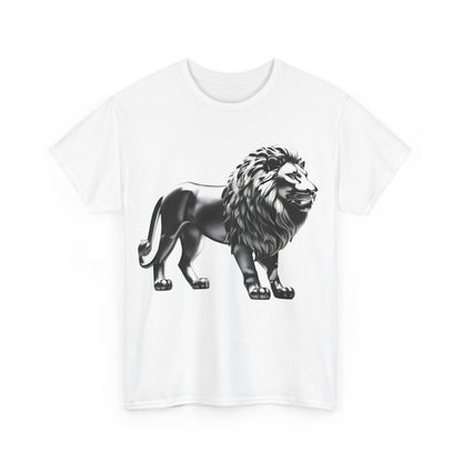 Front view of the Silver Majestic Lion Graphic T-Shirt in white, showcasing a bold silver lion graphic for a luxe urban aesthetic.