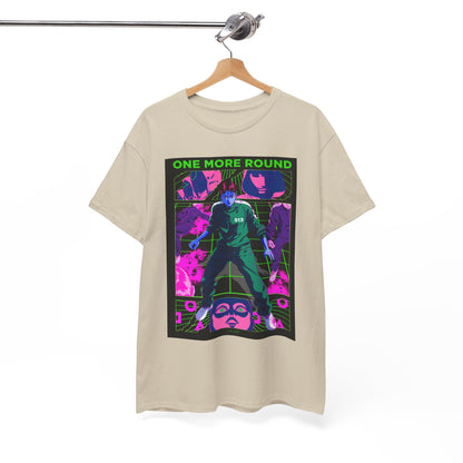 Stylish Squid Game t-shirt hanging elegantly, showcasing a vibrant graphic design and the phrase 'One More Round', ideal for trendsetters.