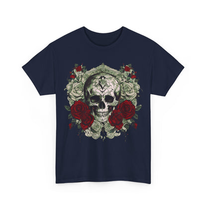 Front view of the luxurious Skulls and Roses Cotton Tee displaying a captivating graphic of a skull adorned with roses, ideal for bold fashion statements.