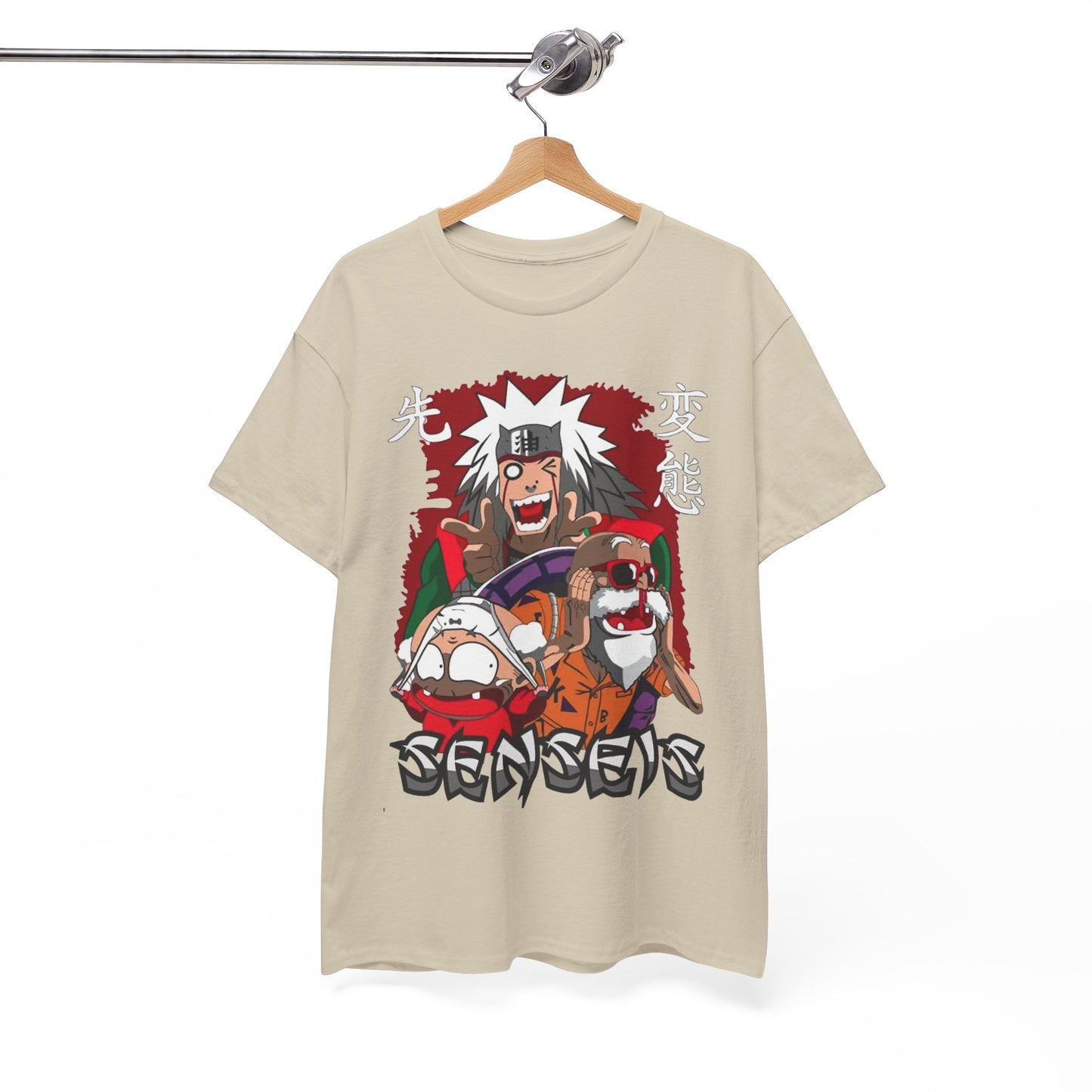 Sophisticated beige t-shirt artfully draped on a hanger, displaying a bold anime graphic that combines vibrant aesthetics with urban edge, perfect for those who appreciate unique fashion.