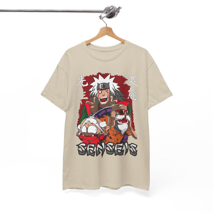 Sophisticated beige t-shirt artfully draped on a hanger, displaying a bold anime graphic that combines vibrant aesthetics with urban edge, perfect for those who appreciate unique fashion.