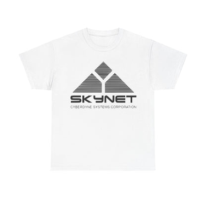 Skynet Cyberdyne Systems - Terminator Retro Logo Graphic Tee Unisex in white, showcasing a stylish retro graphic of the iconic Skynet logo, perfect for aficionados of classic science fiction.