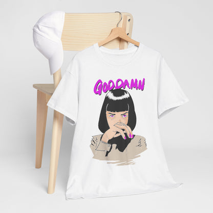 Artistic arrangement of a white T-shirt draped on a chair, showcasing an eye-catching 'GOOD DAMN' design and elegant illustration, an ideal piece for luxury styling.