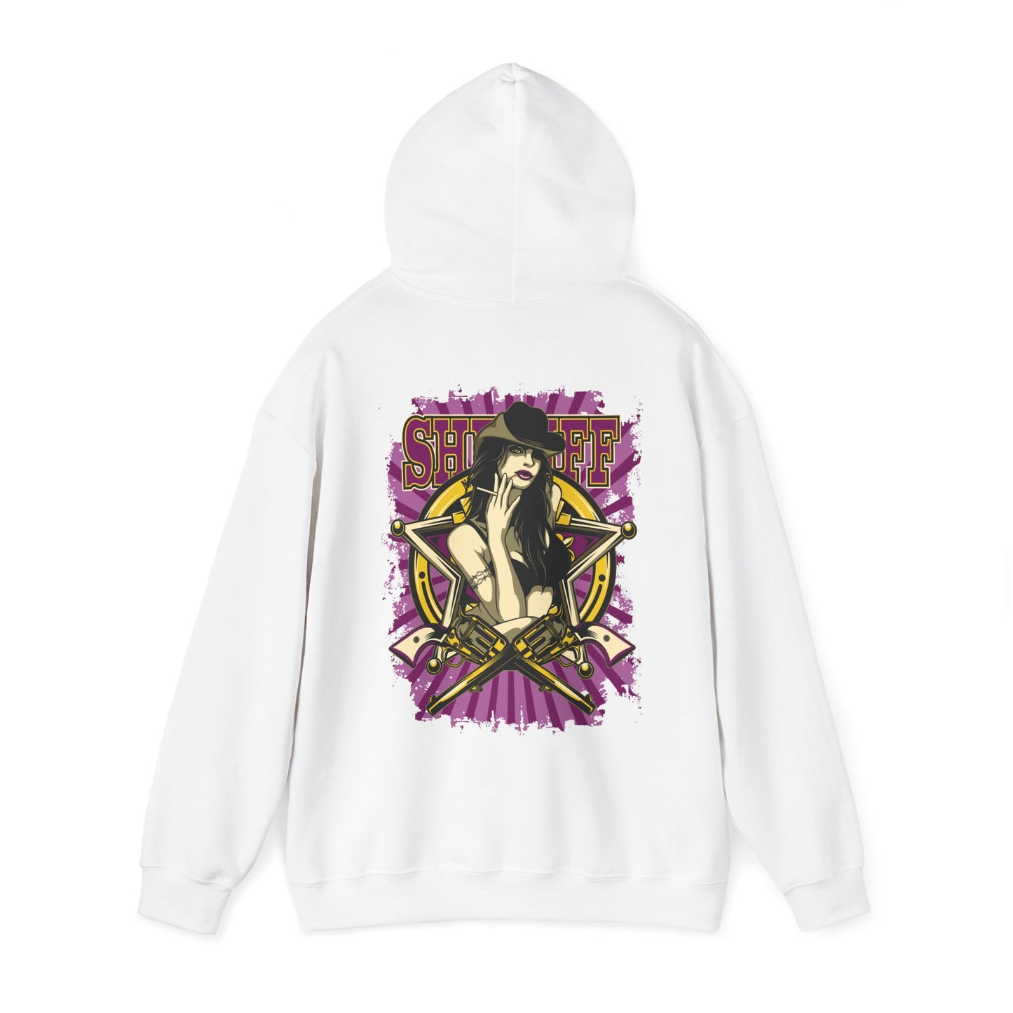 Back view of the Empowered Sheriff hoodie featuring a striking graphic design of a fierce woman in a cowboy hat, adorned with gold revolvers, set against a vibrant purple background and framed by a golden star emblem.