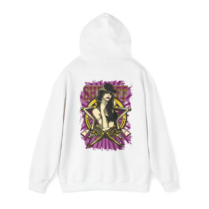 Back view of the Empowered Sheriff hoodie featuring a striking graphic design of a fierce woman in a cowboy hat, adorned with gold revolvers, set against a vibrant purple background and framed by a golden star emblem.