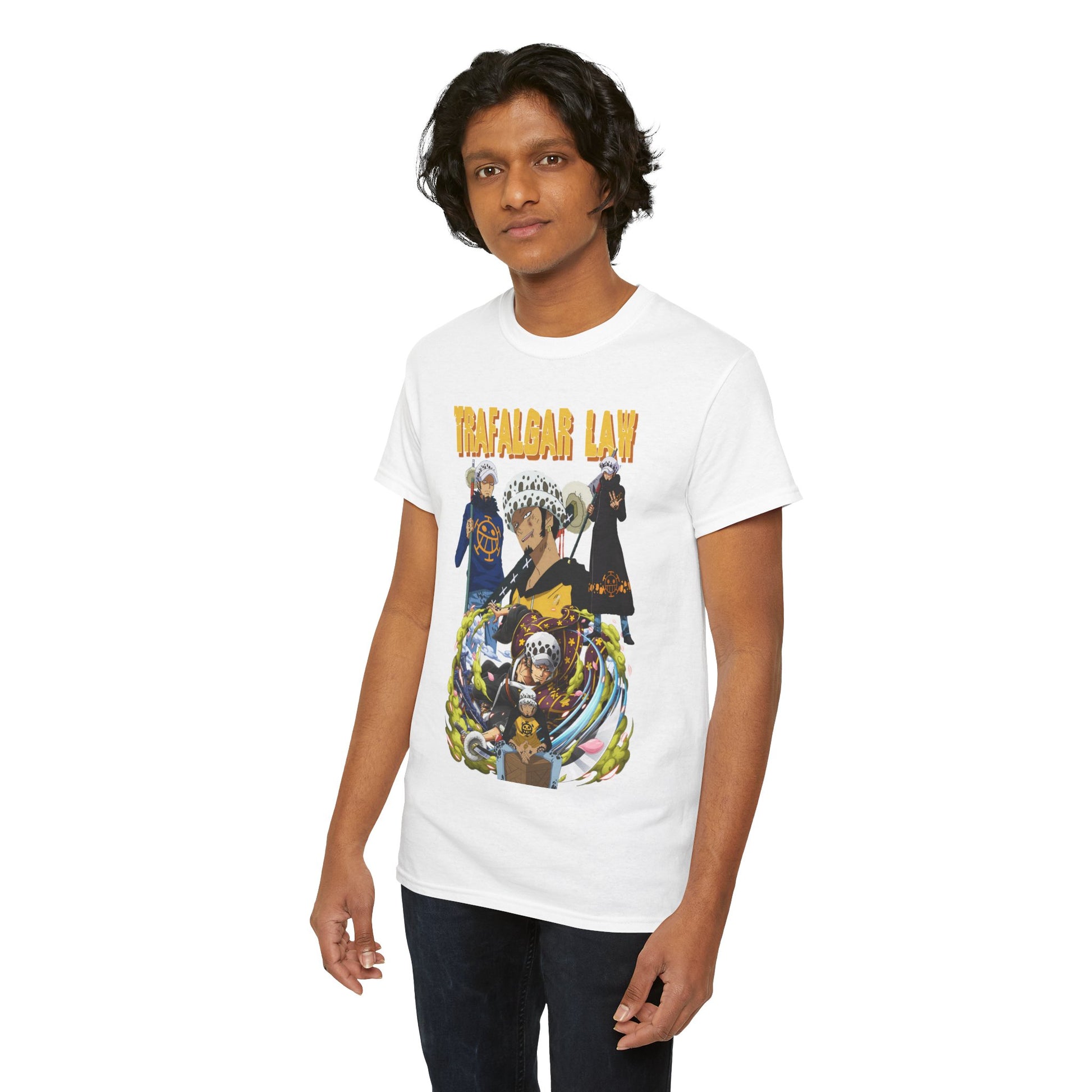 Stylish white mens T-shirt embellished with an exclusive Trafalgar Law graphic from the anime One Piece, perfect for showcasing anime fandom.