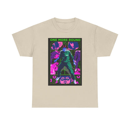 Luxurious Squid Game-inspired graphic t-shirt featuring vibrant characters and bold 'One More Round' text, ideal for making a striking fashion statement.