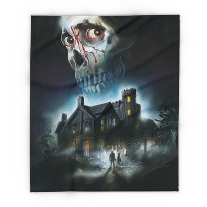 Elegant Decorative and Warm Halloween Spooky Arctic Fleece Blanket showcasing a ghostly skull image above a mysterious house, ideal for Halloween ambiance.