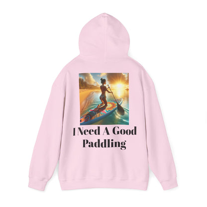 Fantasy Paddleboarding Unisex Hooded Sweatshirt in pink, elegantly displaying the captivating artwork of a woman paddleboarding at dusk, merging luxury with the passion for adventure.