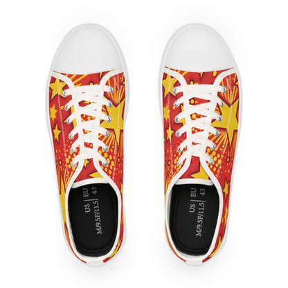 Top view of Stormy Boltson Men's Lowtop Sneakers showcasing their vibrant red pop art design and distinctive yellow star accents, perfect for making a stylish statement.