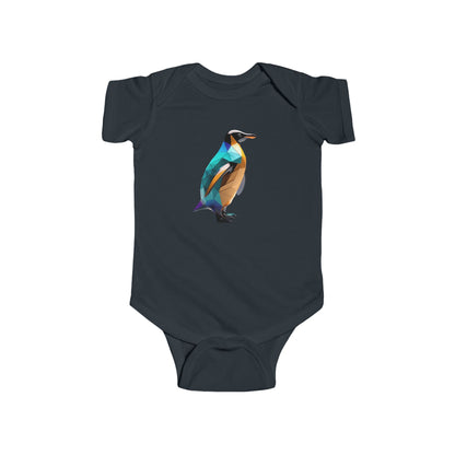 Cute Penguin Bodysuit in deep navy showcasing a playful geometric penguin motif, ideal for trendy baby outfits.