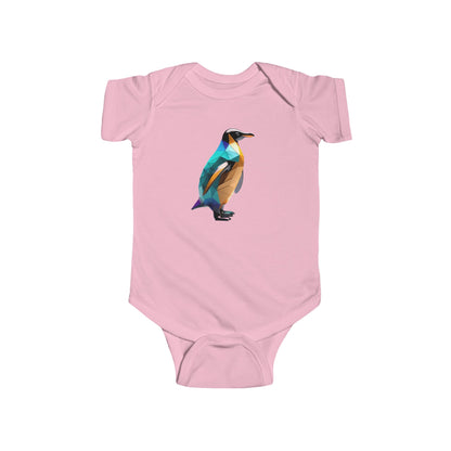Cute Penguin Bodysuit in soft pink with an adorable geometric penguin print, perfect for charming infant clothing.