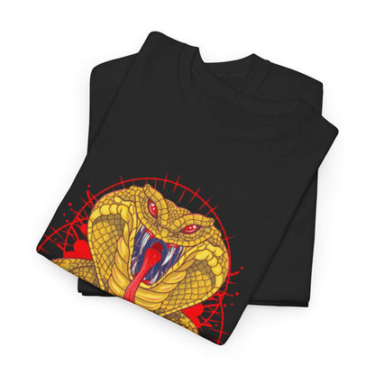 Sophisticated flat lay of Cobra Kai T-shirts with a prominent gold snake graphic, ideal for stylish casual wear.