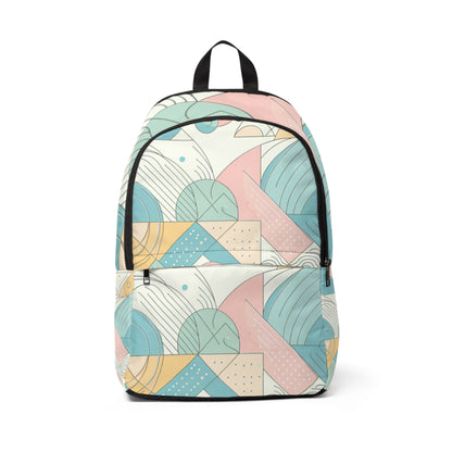 Elegant Geometric Backpack in soft pastel colours by Dazzling Dreams Studio, showcasing a modern design with a unique geometric pattern that combines pink, blue, green, and yellow, perfect for adding sophistication to your style.