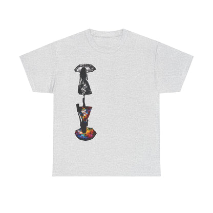 Duality Dreams Unisex Graphic T-Shirt in light grey, beautifully illustrating an artistic floral design with silhouettes, capturing the harmony of monochrome and colourful elements.