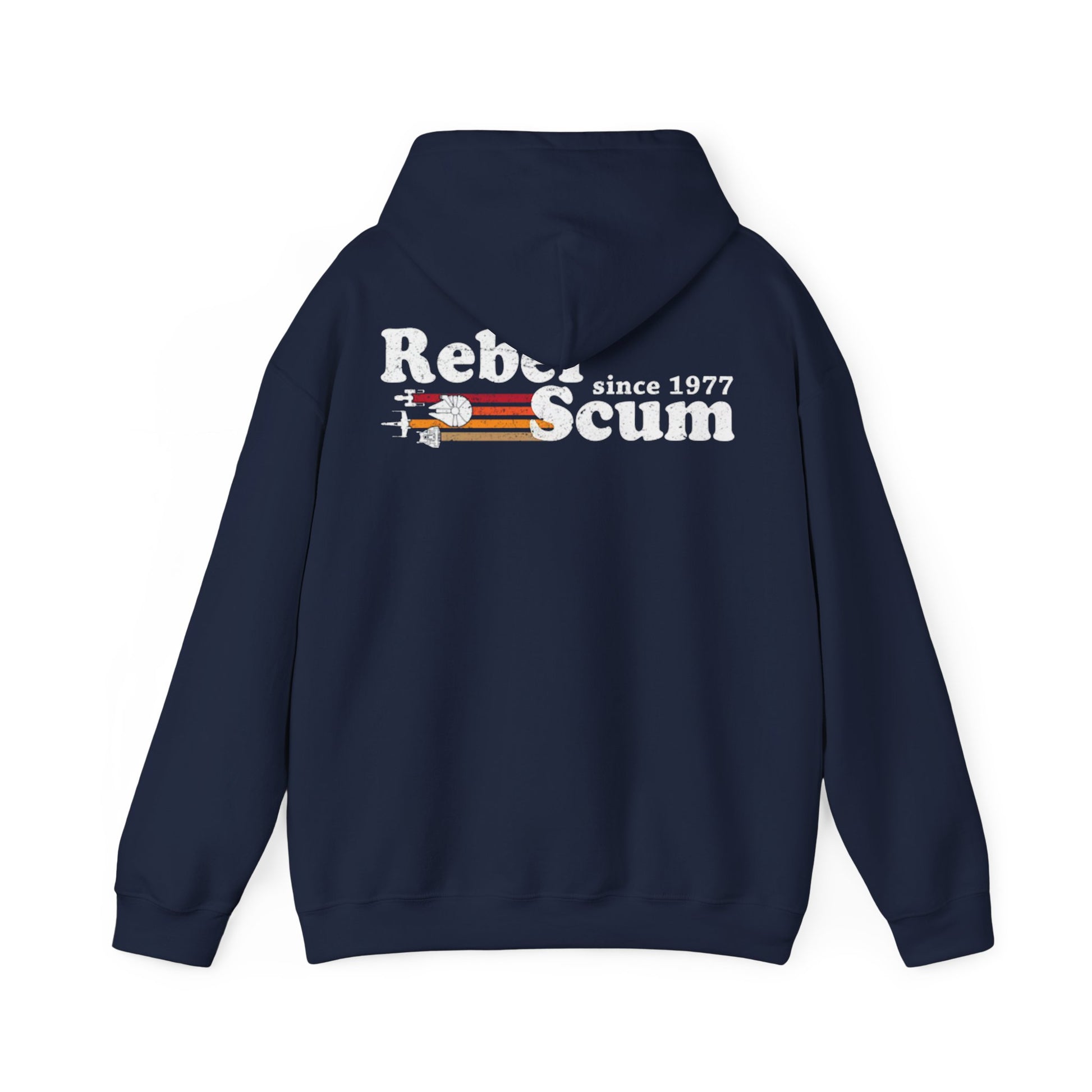 Sophisticated navy hoodie displaying a refined 'Rebel Scum' graphic with retro aesthetics, featuring subtle spacecraft designs, commemorating 'since 1977'.