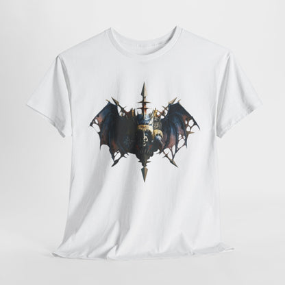 Luxurious white graphic t-shirt featuring an intricate dark-themed emblem with wings, symbolising strength and mythical power, perfect for fantasy enthusiasts.