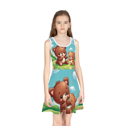 A child modelling the Isabella Couturiette Girls Teddy Bear Pencil Skirt, showcasing playful teddy bear designs in a lively summer setting.