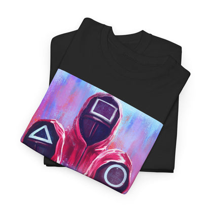 Squid Game Unisex Men´s Women´s Graphic Cotton Funny T Shirt Tee neatly folded, displaying bold artwork of the show's iconic characters, a fashionable statement piece for original style seekers.