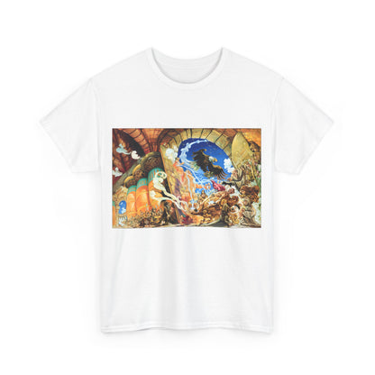 Front view of a luxurious unisex t-shirt featuring a vibrant graphic illustration inspired by Terry Pratchett's Discworld Small Gods, showcasing intricate details and colours on a white background.