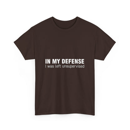 Refined front view of the 'In My Defence I Was Left Unsupervised' Graphic T-Shirt in elegant dark brown, featuring a thoughtful design perfect for self-expression and casual elegance.
