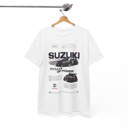 Sophisticated white Suzuki Forza men's t-shirt displayed on a hanger, featuring an eye-catching graphic design with the phrase 'ROAR OF POWER', ideal for car enthusiasts.