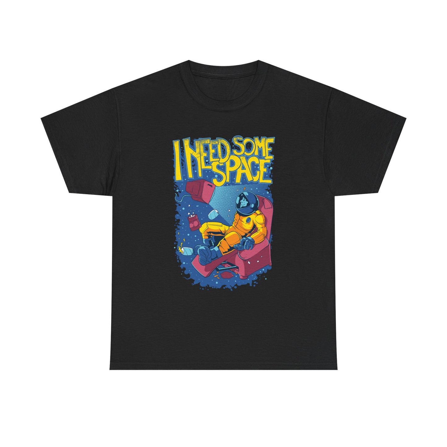 Luxurious Retro Astronaut T-Shirt in black showcasing vibrant cosmic graphic design with the phrase 'I NEED SOME SPACE', perfect for stylish casual wear.