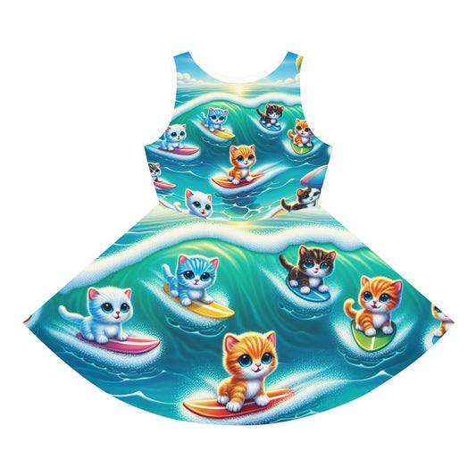 Lily Hemsworth Girls' AOP Pencil Sundress with Whimsical Kitten Print, showcasing charming cartoon kittens surfing in playful colours, perfect for summer adventures.