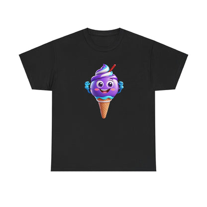 Scoop of Joy: Cartoon Ice Cream Cone Character Tee in a luxurious black cotton fabric featuring a playful, vibrant ice cream character, perfect for adding a touch of whimsical charm to any outfit.